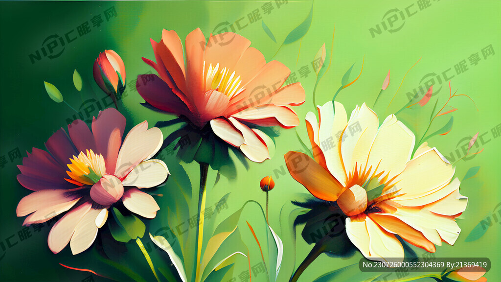 绿色背景花朵油画