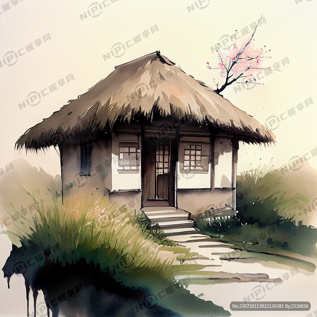 杏花 绿地 茅草屋