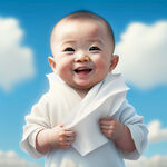 婴儿，手拿方形白色纸巾，大眼睛，皮肤白，可爱，开心笑，穿白色衣服，背景蓝天，有棉花有云朵