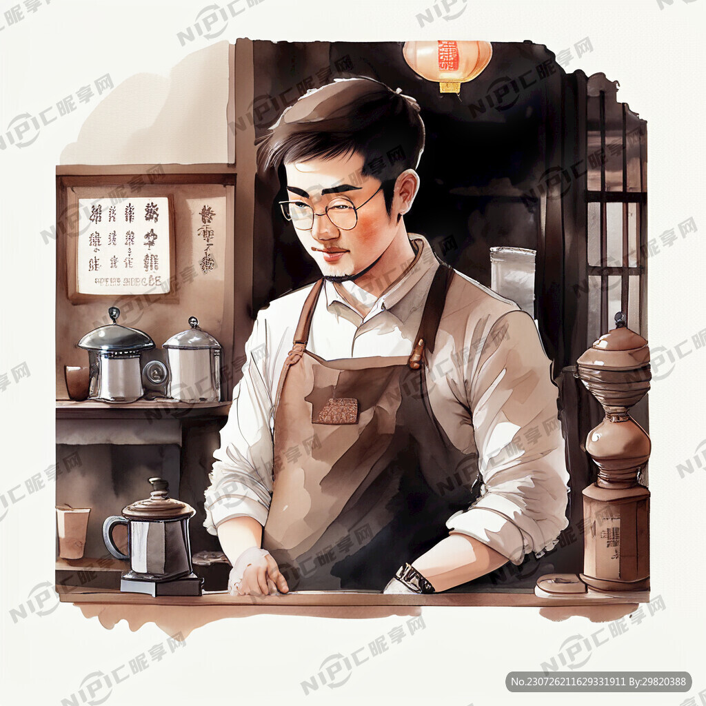 咖啡馆 咖啡师 水彩风格