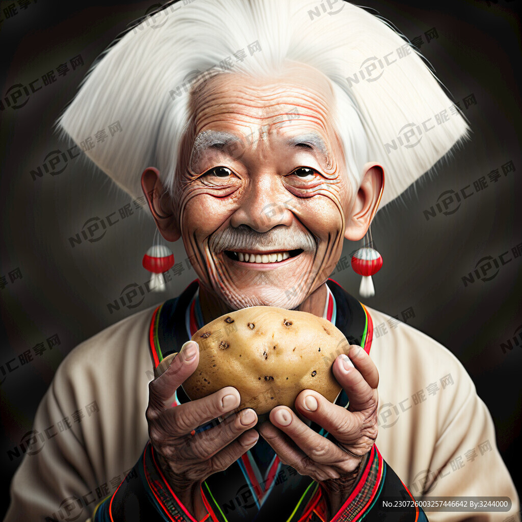 手捧土豆充满笑容的白头发的凉山