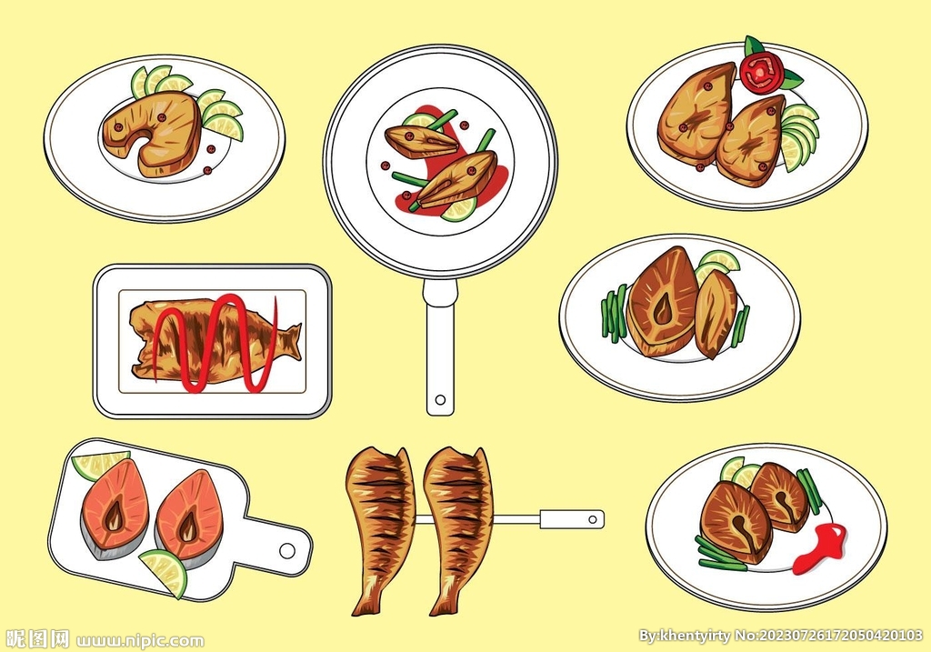 卡通烤鱼美食插画