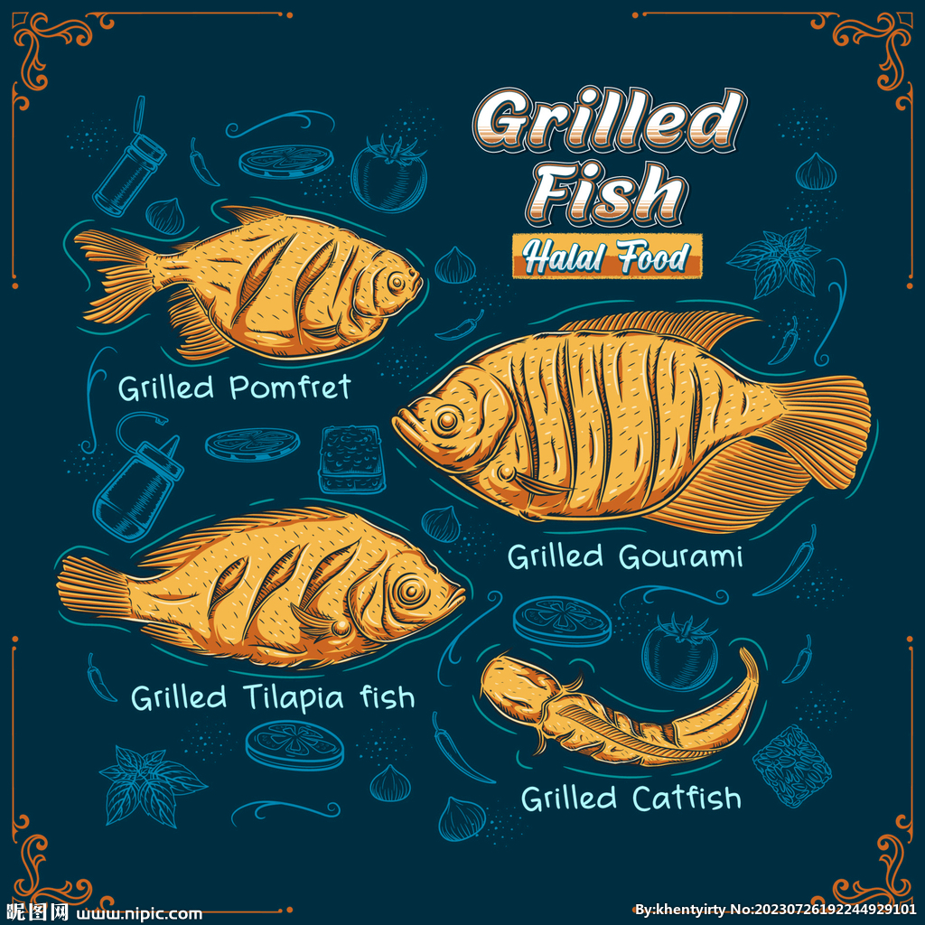 卡通烤鱼插画