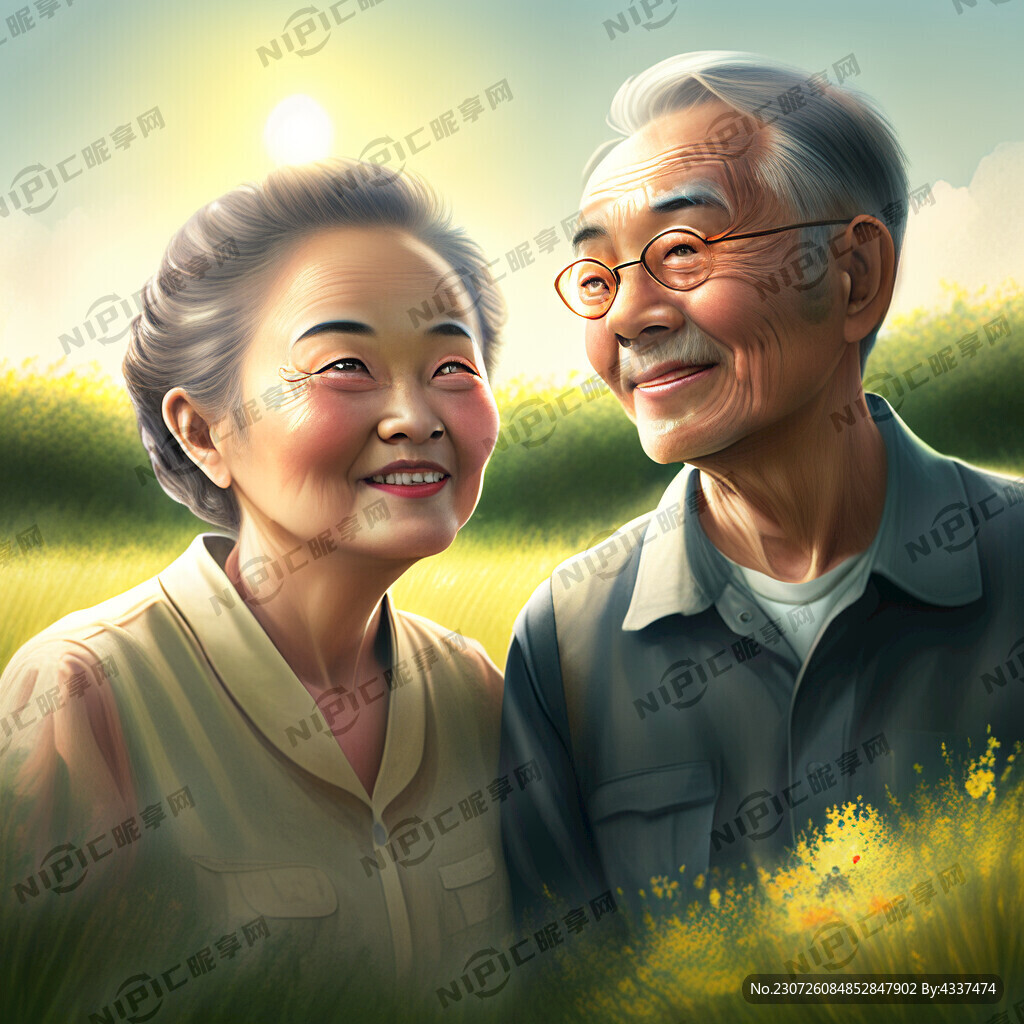 老年夫妇 草地阳光 欢乐 自然