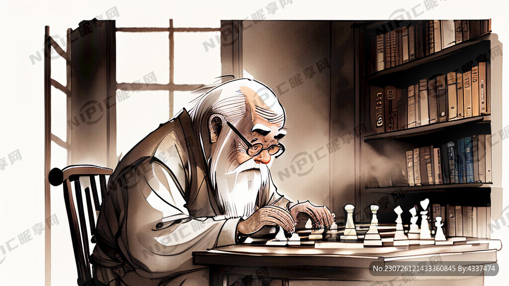 风骨老人与卡通李白下棋 书架
