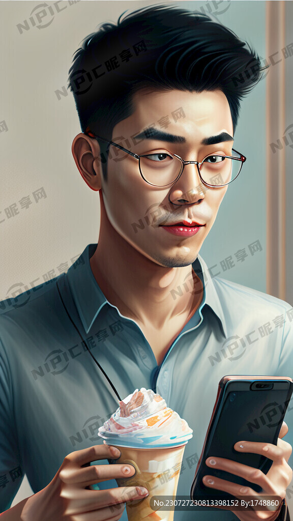 一个拿着手机的帅哥在吃冰激淋