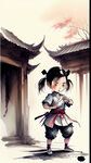 一个可爱小女孩学摆武术动作，背景是中国风古建筑。
