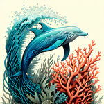 海浪珊瑚海豚还行海鱼线描图