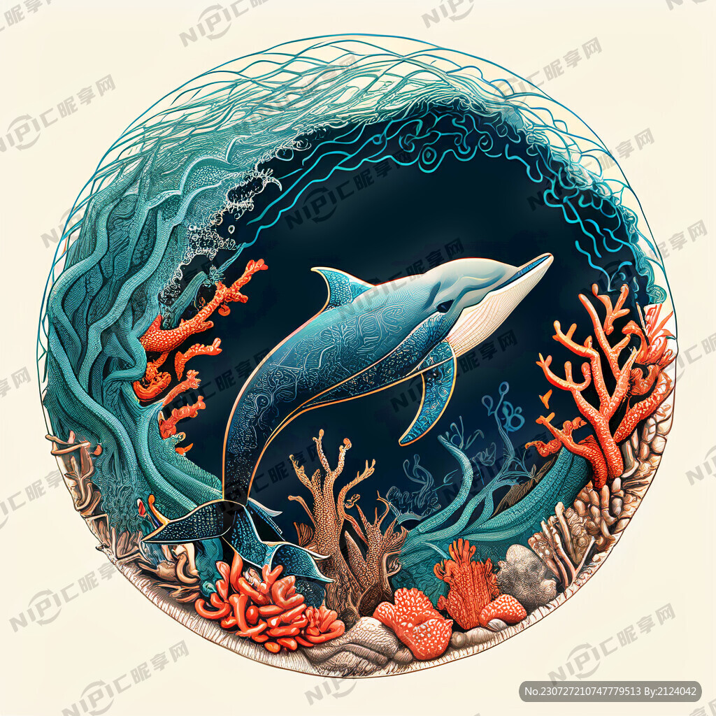 圆形海浪珊瑚海豚还行海鱼线描图
