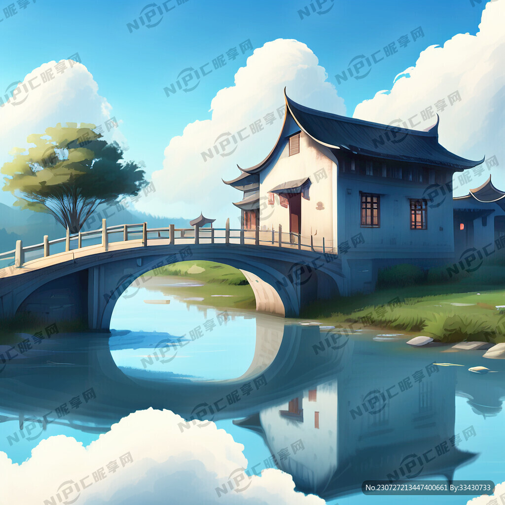 小桥流水蓝天白云人家