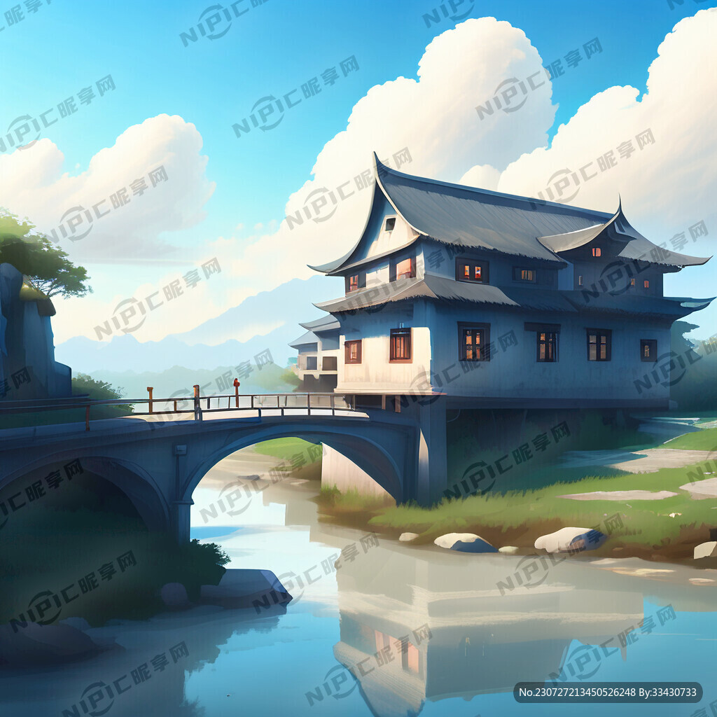 小桥流水蓝天白云人家