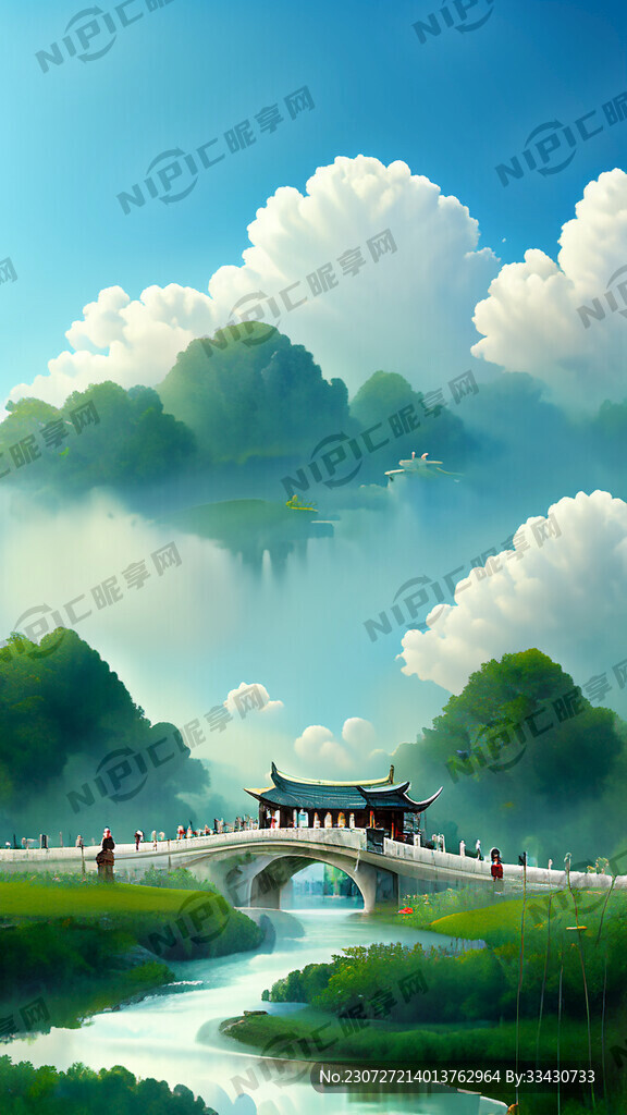 小桥流水蓝天白云人家梦幻绿荷菡