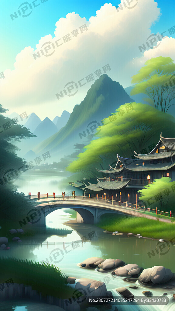小桥流水蓝天白云人家梦幻绿荷菡