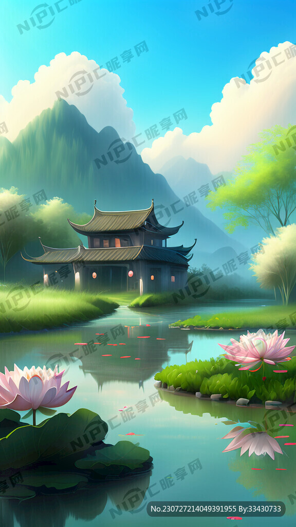 小桥流水蓝天白云人家梦幻绿荷菡
