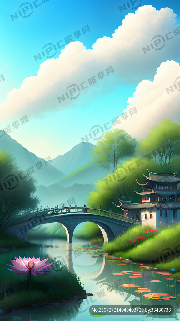 小桥流水蓝天白云人家梦幻绿荷菡
