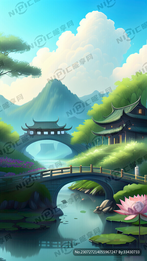 小桥流水蓝天白云人家梦幻绿荷菡