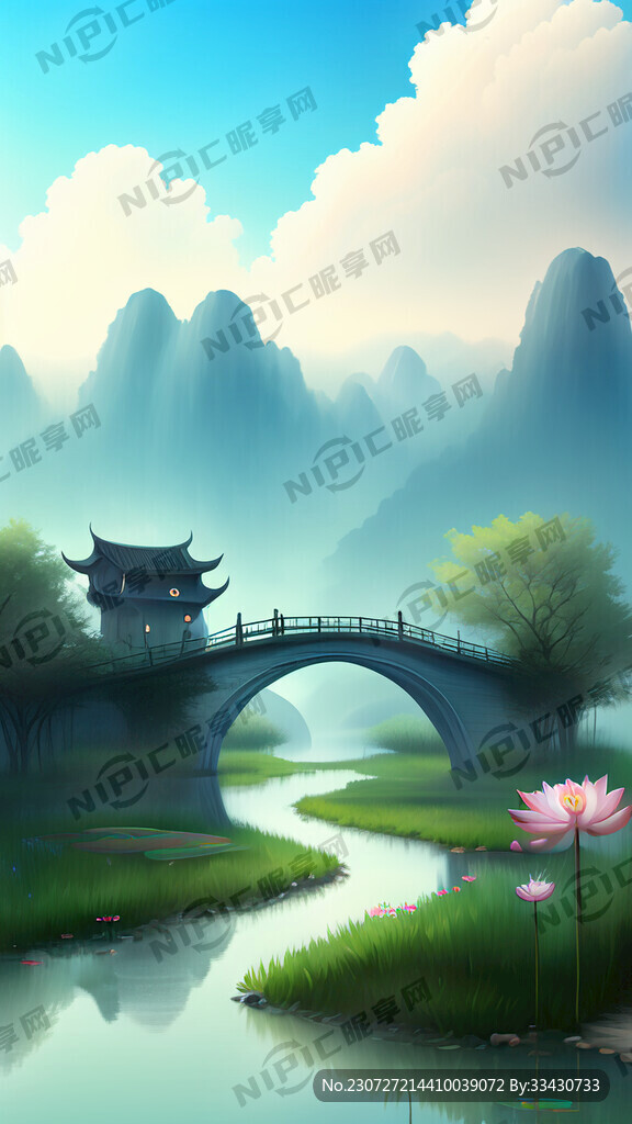 小桥流水蓝天白云人家梦幻绿荷菡