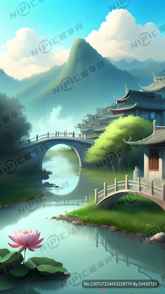 小桥流水蓝天白云人家梦幻绿荷菡