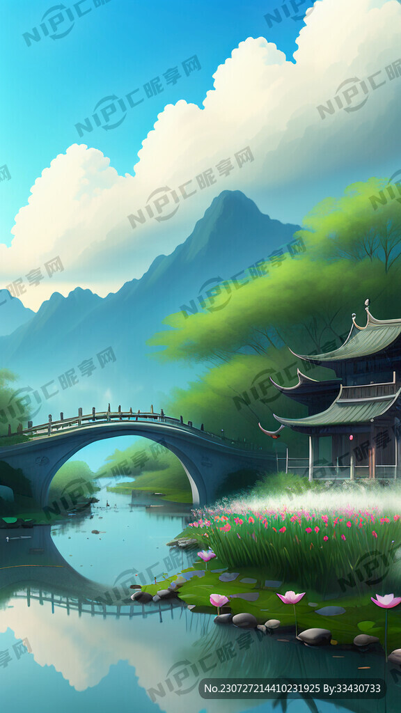小桥流水蓝天白云人家梦幻绿荷菡
