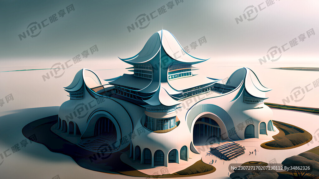 未来建筑仿生建筑鸟瞰科幻风