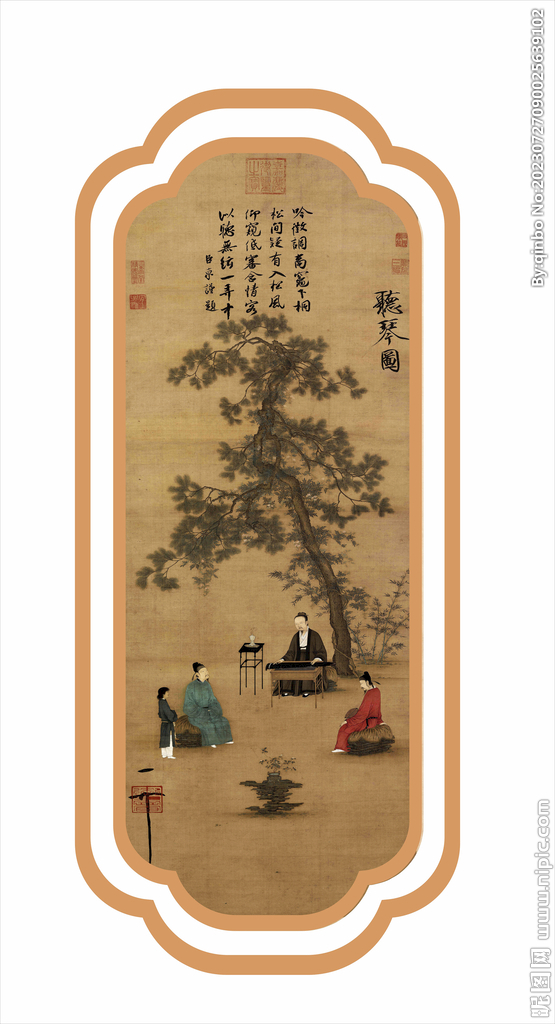 中式雕刻  画框  听琴图 