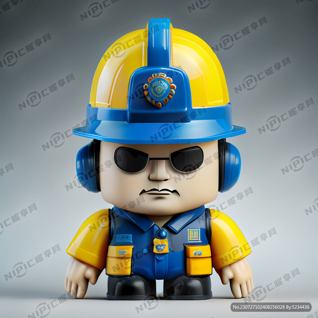 蓝色制服黄色安全帽的电力工人模