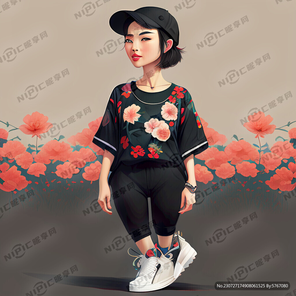 戴帽子的短发女生 穿花衬衫