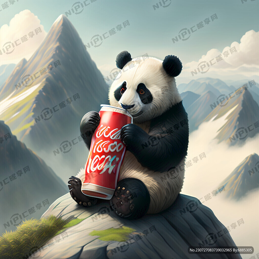 一只熊猫在高山上喝可乐