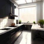 欧式厨房一角，黑色集成灶大理石台面，白色瓷砖的墙体，阳光明媚的窗户