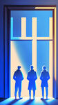 立体字，质，光影，三个人，立体字旁边，站立，围绕，实验室，窗户，蓝色背景