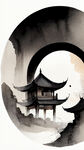 中国风，插画，黑白线条，周围是一圈古代建筑，