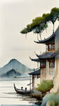 中国风，黑白线条，周围是一圈古代建筑，正中间在大海里有只小船坐着一个戴草帽的男人