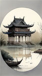 中国风，黑白线条，周围是一圈古代建筑，正中间在大海里有只小船坐着一个戴草帽的男人