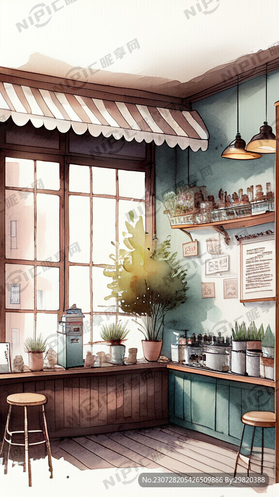 咖啡店画室小清新风格 水彩