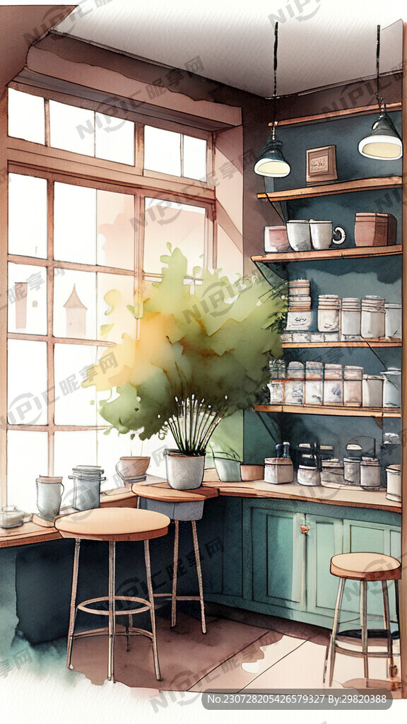 咖啡店画室小清新风格 水彩