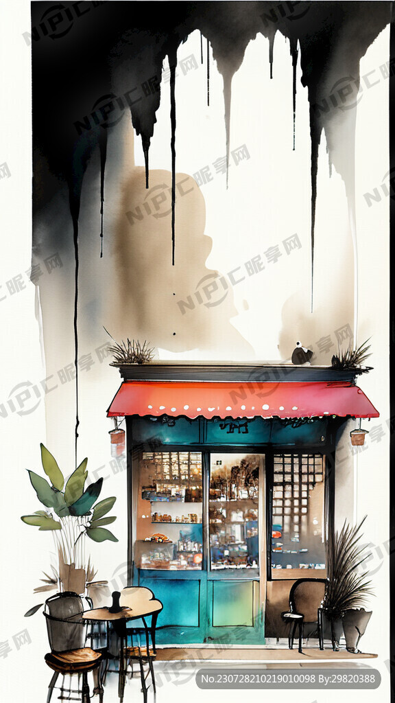 现代咖啡店 水彩画
