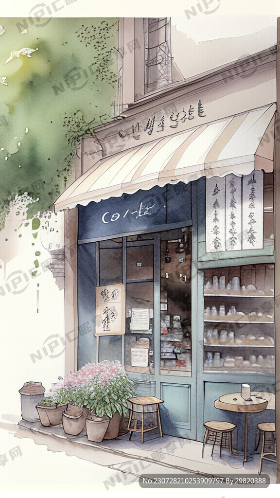 咖啡店 水彩画