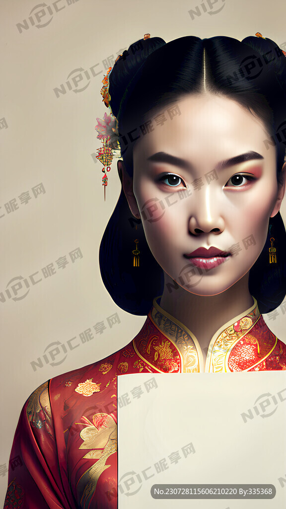 一个美女 举着一个空白的牌子