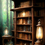 复古木质书架梦幻森林木质书架煤油灯