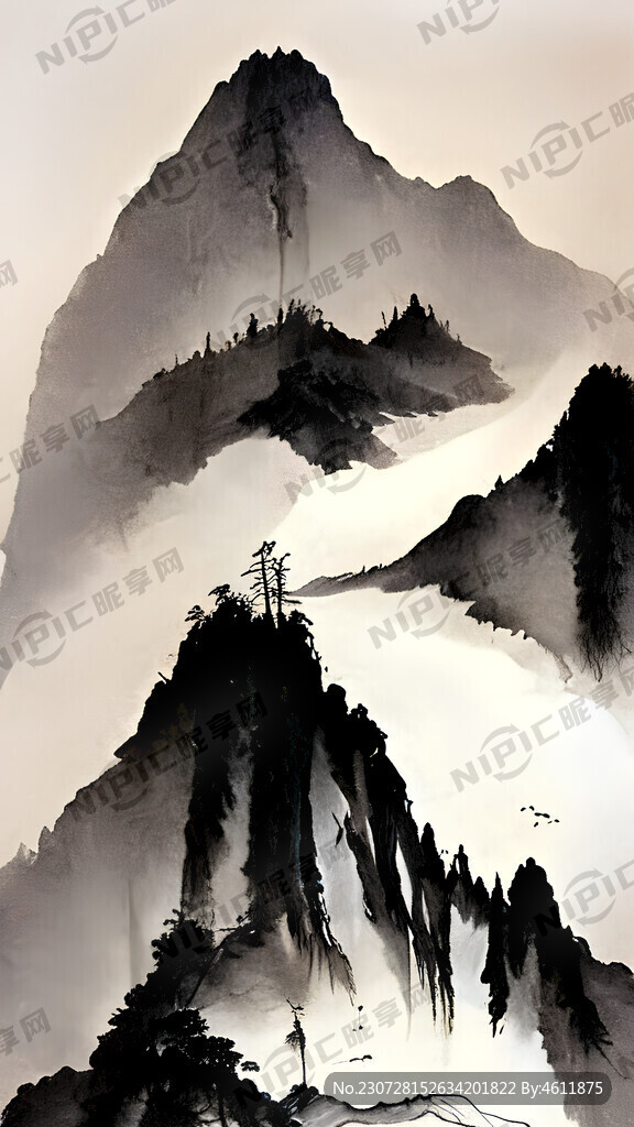 山水白鹭水墨画