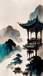 中国古典仙侠画面，仙云亭台楼阁环绕，云的形状呈向上盘旋攀登形状，主题为蓝色调，