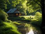优美大自然山间小屋溪水景色唯美