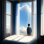 阳光透过窗帘照进卧室，窗外蓝天白云，中年人眯着眼睛