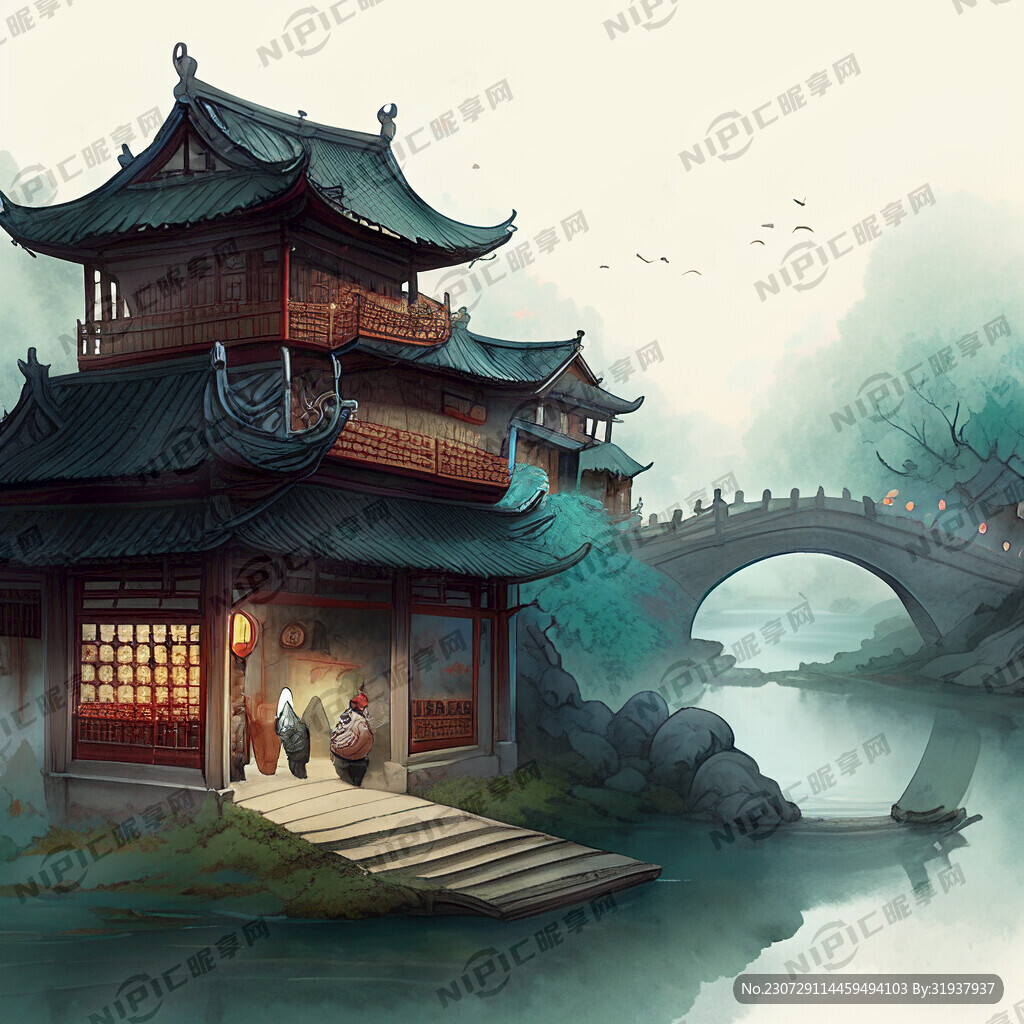 古风小桥流水旁边有商铺有商贩