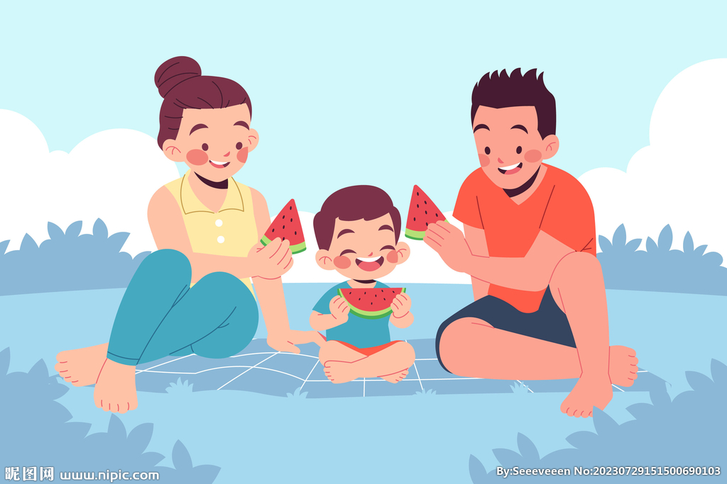 手绘一家人吃西瓜