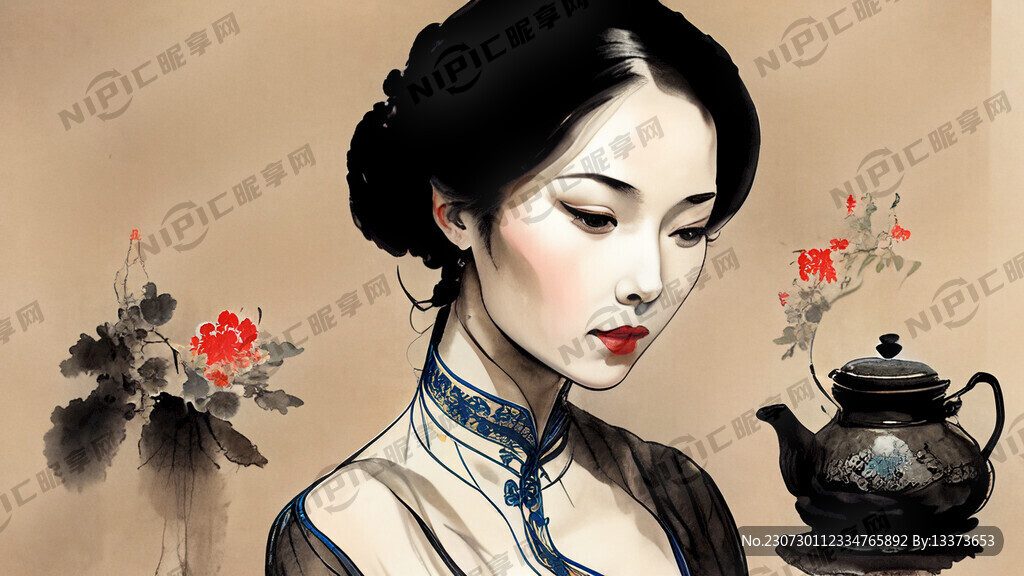中国风 茶道 美女 旗袍 复古