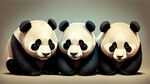 三只熊猫，翻滚，美式插画，