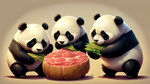 三只熊猫，翻滚，打滚，肉球，美式插画，