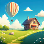 蓝天白云草地热气球农家小屋小径动物卡通