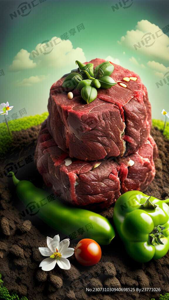 牛肉粒堆成小山 地上有坚果
